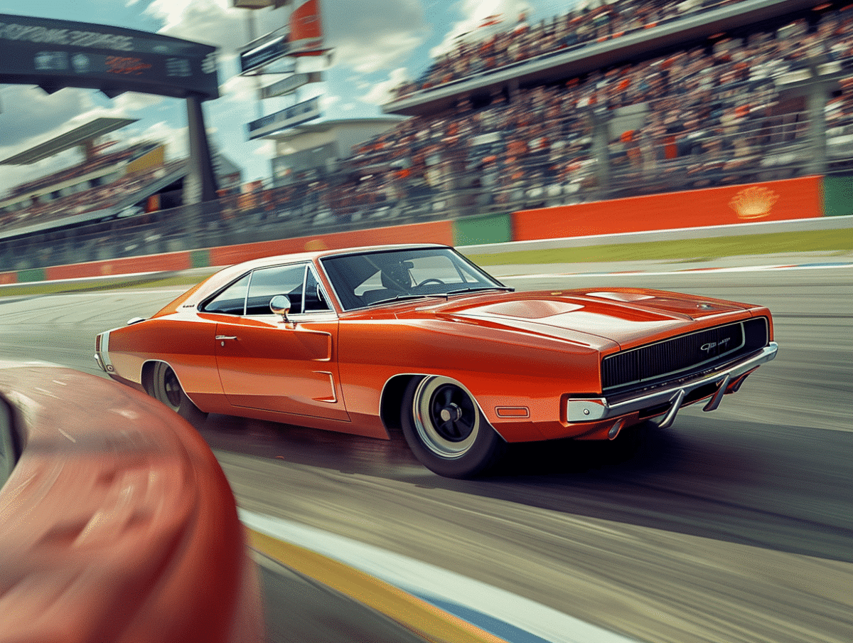 Dodge Charger Daytona 1969 sur circuit avec son design aérodynamique innovant