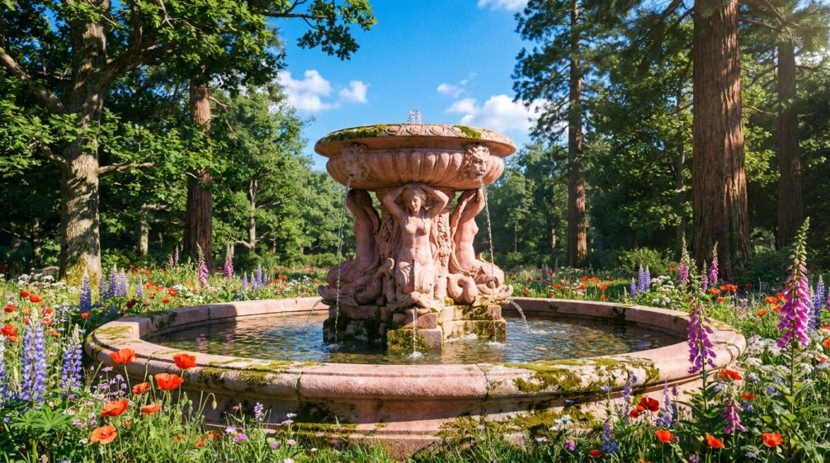 Fontaine en grès rose dans un cadre naturel