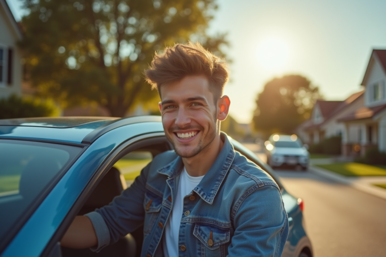 Jeune conducteur réfléchissant à l'assurance de sa première voiture