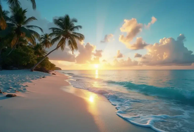 Plage ensoleillée avec palmiers et eau turquoise